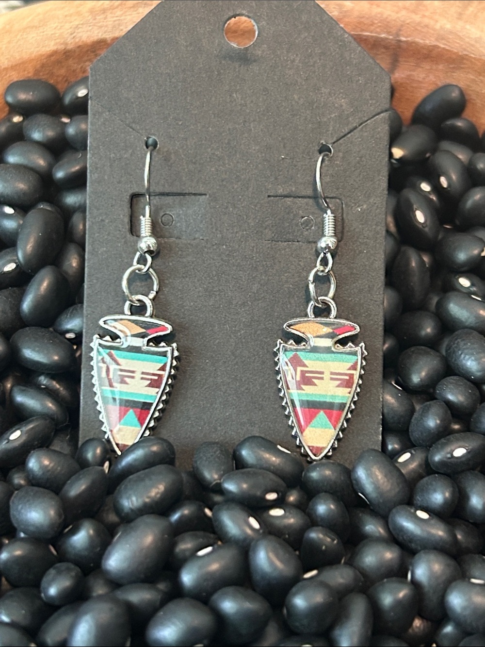Southwestern Arrowhead Dangle Earrings in Teal and Red